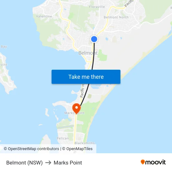 Belmont (NSW) to Marks Point map