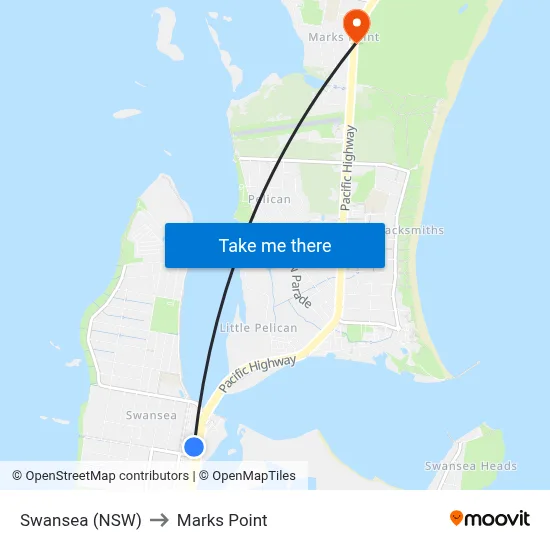 Swansea (NSW) to Marks Point map