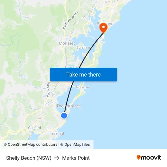 Shelly Beach (NSW) to Marks Point map