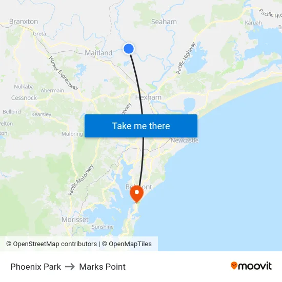 Phoenix Park to Marks Point map