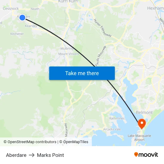 Aberdare to Marks Point map