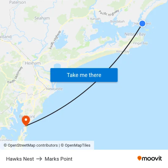 Hawks Nest to Marks Point map