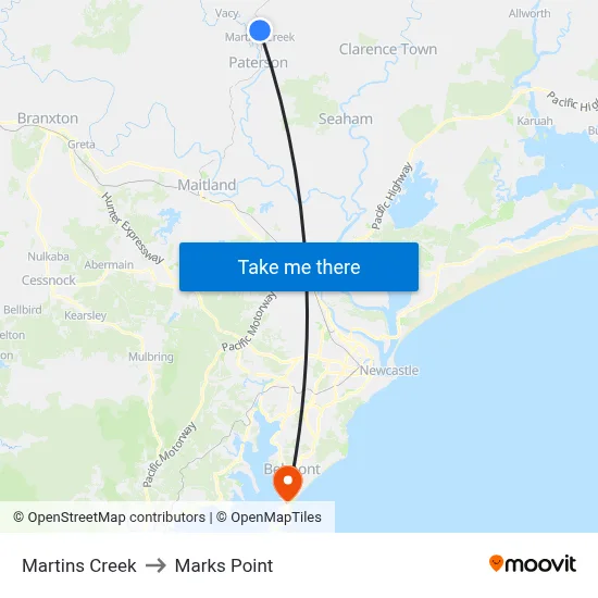 Martins Creek to Marks Point map