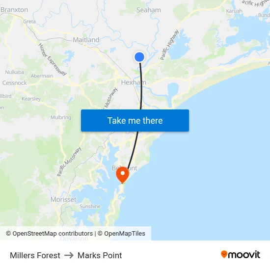 Millers Forest to Marks Point map