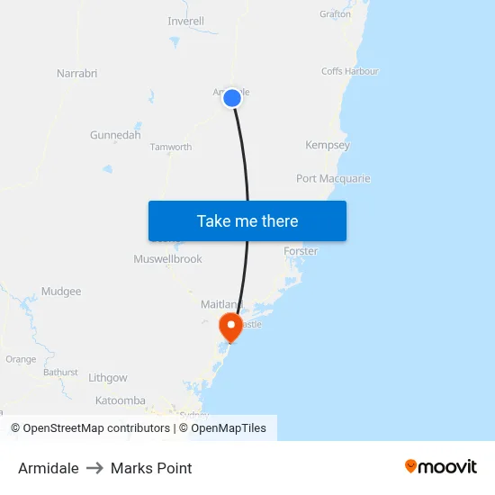 Armidale to Marks Point map