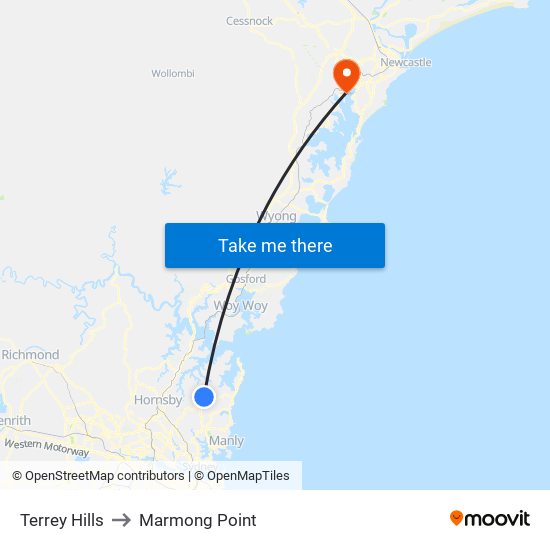 Terrey Hills to Marmong Point map