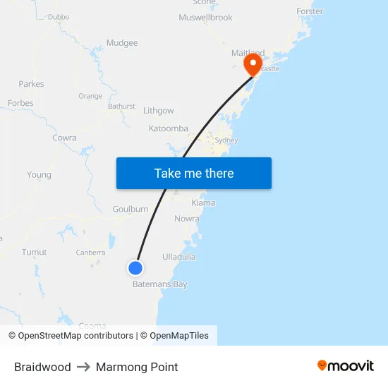 Braidwood to Marmong Point map