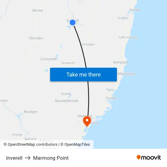 Inverell to Marmong Point map