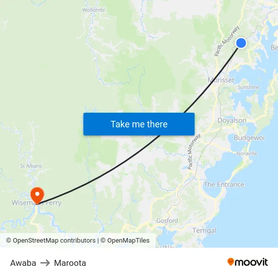 Awaba to Maroota map