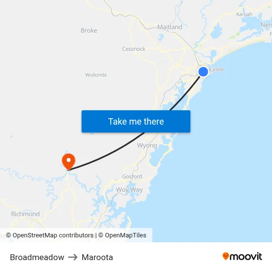Broadmeadow to Maroota map
