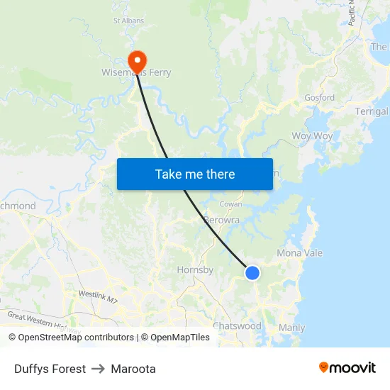 Duffys Forest to Maroota map
