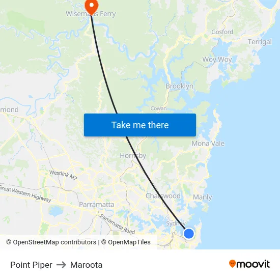 Point Piper to Maroota map