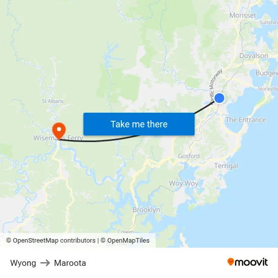 Wyong to Maroota map