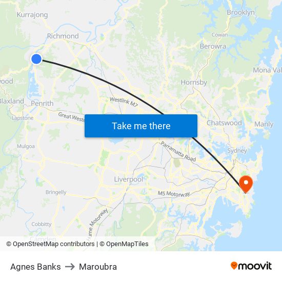 Agnes Banks to Maroubra map