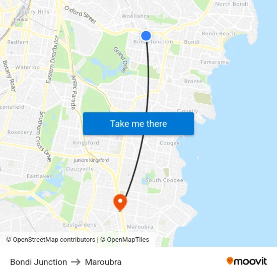 Bondi Junction to Maroubra map