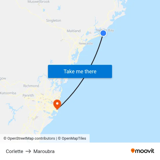 Corlette to Maroubra map