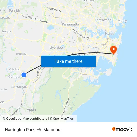 Harrington Park to Maroubra map