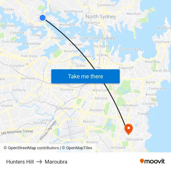 Hunters Hill to Maroubra map