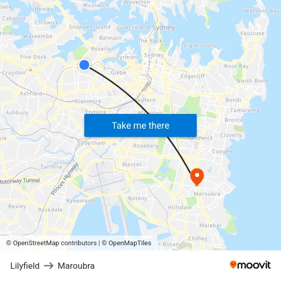 Lilyfield to Maroubra map