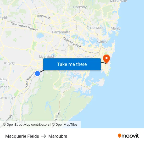 Macquarie Fields to Maroubra map