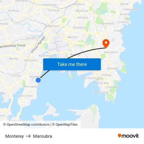 Monterey to Maroubra map
