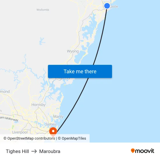 Tighes Hill to Maroubra map