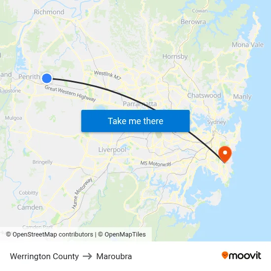 Werrington County to Maroubra map