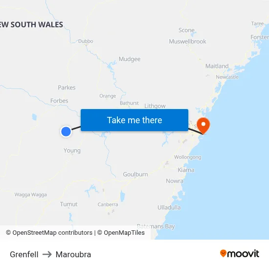 Grenfell to Maroubra map
