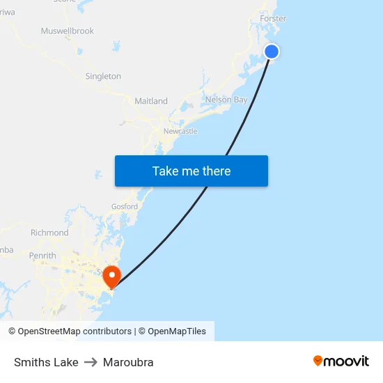 Smiths Lake to Maroubra map