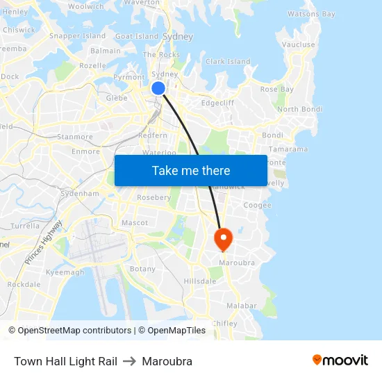 Town Hall Light Rail to Maroubra map