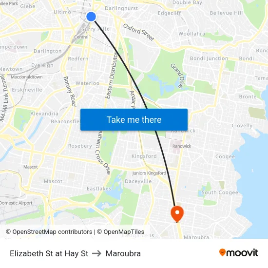 Elizabeth St at Hay St to Maroubra map