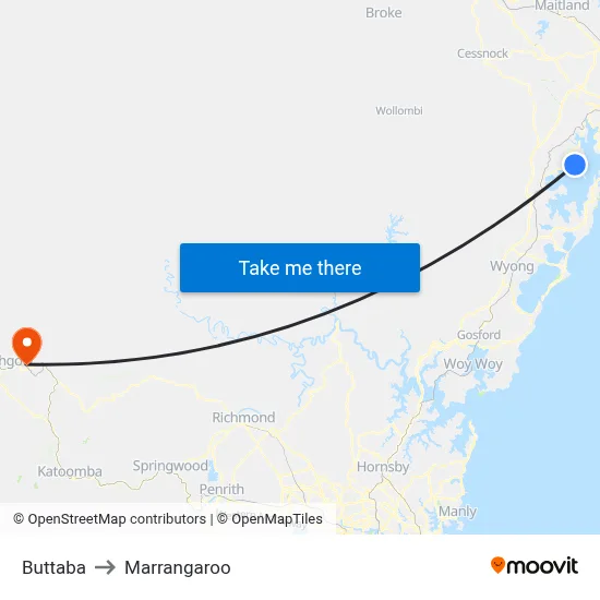 Buttaba to Marrangaroo map