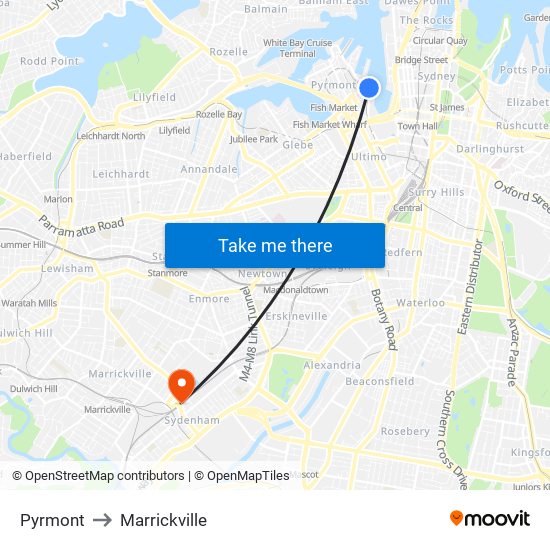 Pyrmont to Marrickville map