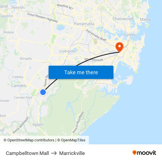 Campbelltown Mall to Marrickville map