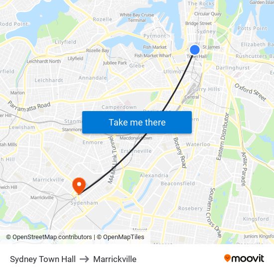 Sydney Town Hall to Marrickville map