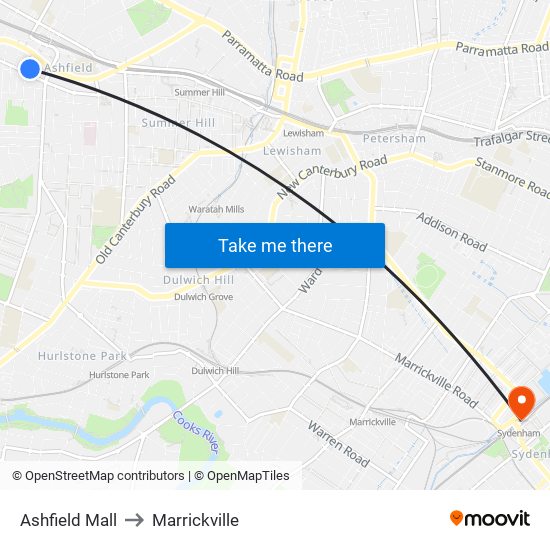 Ashfield Mall to Marrickville map