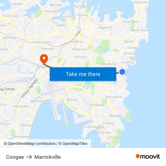 Coogee to Marrickville map