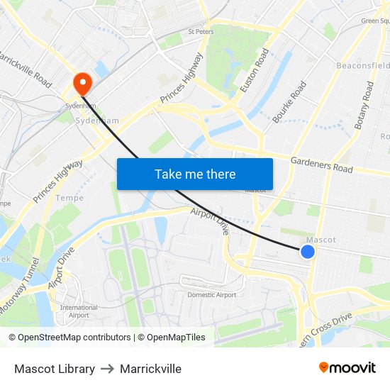 Mascot Library to Marrickville map