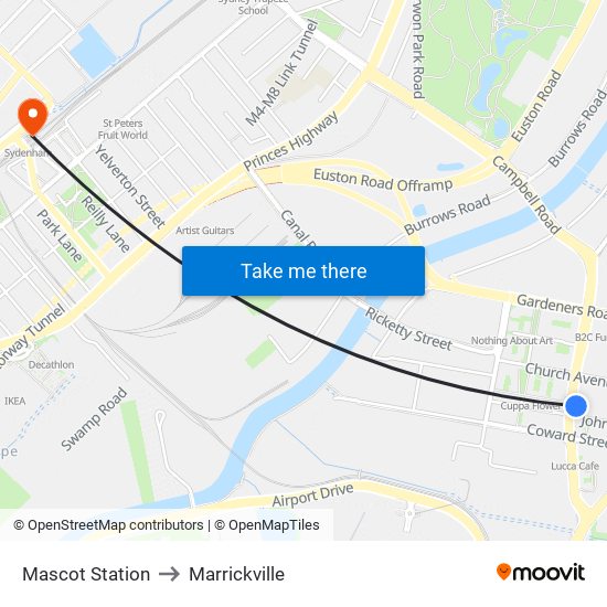 Mascot Station to Marrickville map