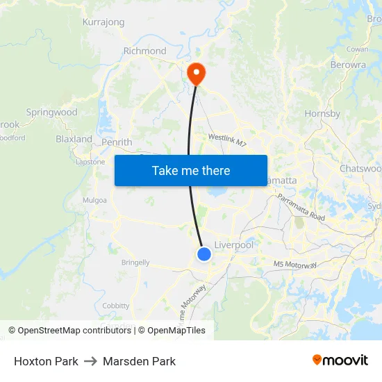 Hoxton Park to Marsden Park map
