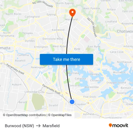 Burwood (NSW) to Marsfield map