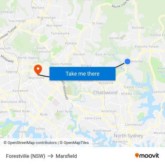 Forestville (NSW) to Marsfield map