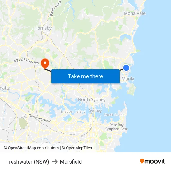Freshwater (NSW) to Marsfield map