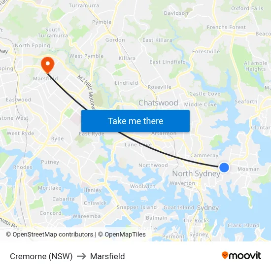 Cremorne (NSW) to Marsfield map