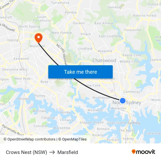 Crows Nest (NSW) to Marsfield map