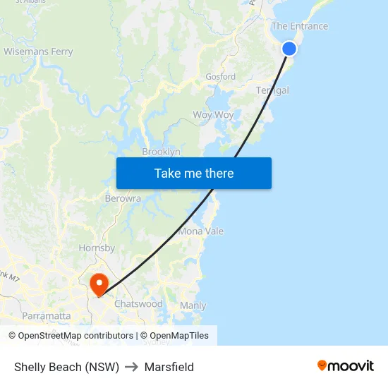 Shelly Beach (NSW) to Marsfield map