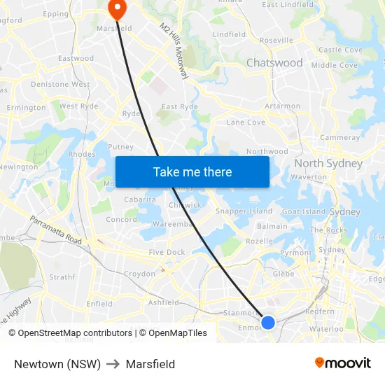 Newtown (NSW) to Marsfield map