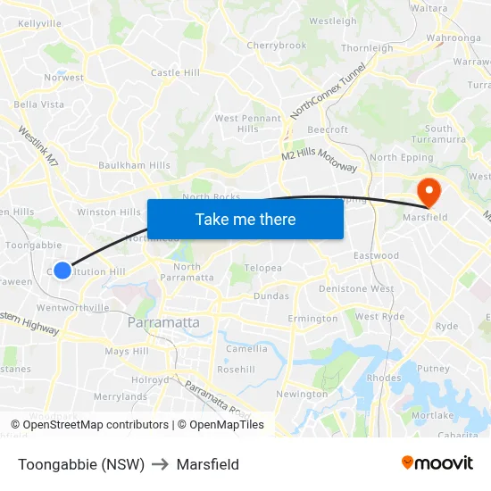 Toongabbie (NSW) to Marsfield map