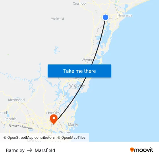 Barnsley to Marsfield map