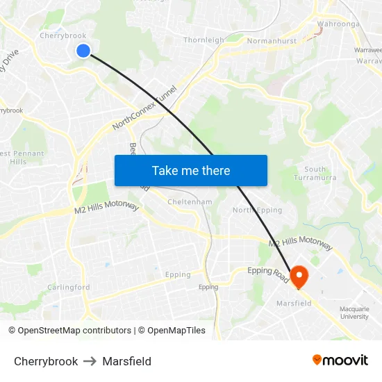 Cherrybrook to Marsfield map